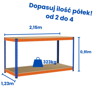 Stół warsztatowy Riveto 0,91 (h) x 2,15 x 1,23m, 323kg nośność półki, płyta wiórowa
