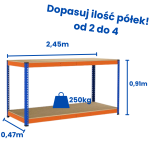 Stół warsztatowy Riveto 0,91 (h) x 2,45 x 0,47m, 250kg nośność półki, płyta wiórowa
