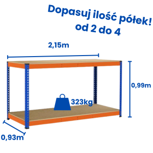 Stół warsztatowy Riveto 0,99 (h) x 2,16 x 0,93m, 323kg nośność półki, płyta wiórowa