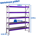 Regał magzynowy Hayrax FleXo 300x180x50cm,450kg nośności, 5 półek, moduł bazowy
