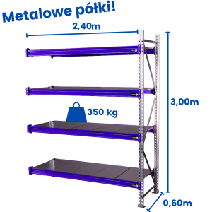 Regał magzynowy Hayrax Flexo 300x240x60cm, 350kg nośności, 4 półki moduł dostawny