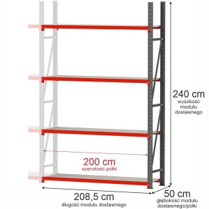 Regał magazynowy 4-półkowy FORTIS 240 cm(h) x 208,5 cm x 50 cm moduł dostawny