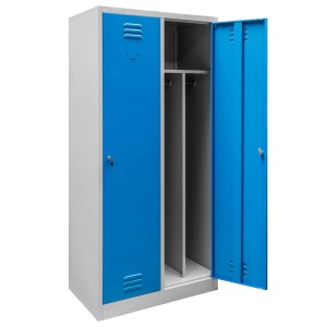 Szafka ubraniowa BHP J-80 2 drzwiowa z przegrodami szara/ niebieski front S-80 cm G-50 cm H-180 cm skręcana (przesyłka paletowa) N