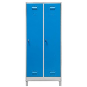 Szafka ubraniowa BHP J-80 na podstawie z nóżkami 2 drzwiowa z przegrodami szara/ niebieski front S-80 cm G-50 cm H-190 cm skręcana N