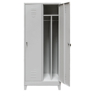 Szafka ubraniowa BHP J-80 na podstawie z nóżkami  2 drzwiowa z przegrodami szara S-80 cm G-50 cm H-190 cm skręcana N