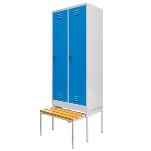 Szafka ubraniowa BHP J-80 na podstawie z wysuwaną ławeczką 2 drzwiowa szara/ niebieski front S-80 cm G-80 cm H-223 cm skręcana N