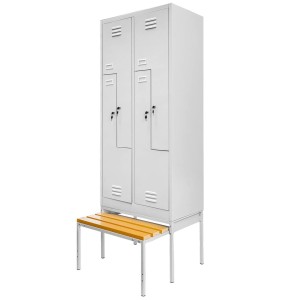 Szafka ubraniowa BHP J-80/L na podstawie z wysuwaną ławeczką 4 drzwiowa typ L szara S-80 cm G-80 cm H-223 cm skręcana N