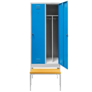 Szafka ubraniowa BHP J-80 na podstawie z wysuwaną ławeczką 2 drzwiowa z przegrodami szara/ niebieski front S-80 cm G-80 cm H-223 cm skręcana N