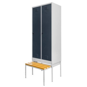 Szafka ubraniowa BHP J-80 na podstawie z wysuwaną ławeczką 2 drzwiowa szara/ grafitowy front  S-80 cm G-80 cm H-223 cm skręcana N