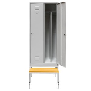 Szafka ubraniowa BHP J-80 na podstawie z wysuwaną ławeczką 2 drzwiowa z przegrodami szara S-80 cm G-80 cm H-223 cm skręcana N