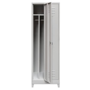 Szafka ubraniowa BHP na podstawie z nóżkami 2 drzwiowa z przegrodami szara S-60 cm G-50 cm H-190 cm skręcana N