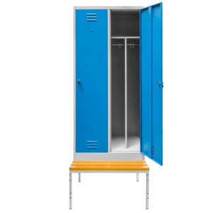 Szafka ubraniowa BHP J-80 na podstawie z ławeczką 2 drzwiowa z przegrodami szara/ niebieski front S-80 cm G-80 cm H-223 cm skręcana N