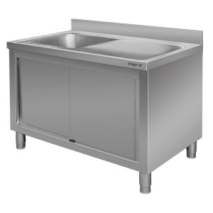 Wall-mounted stainless steel table with sink on the left side and cabinet Width: 140 cm, Depth: 60 cm, Height: 85 cm
