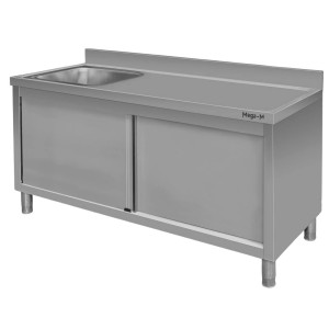 Wall-mounted stainless steel table with sink on the left side and cabinet Width: 160 cm, Depth: 60 cm, Height: 85 cm