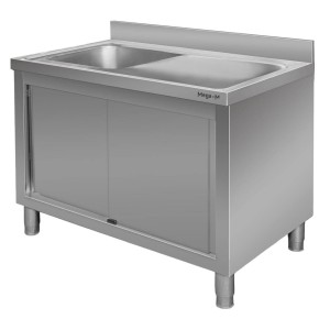 Wall-mounted stainless steel table with a sink on the left side and a cabinet W-120 cm D-70 cm H-85 cm N