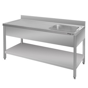 Stół ze stali nierdzewnej przyścienny ze zlewem po prawej stronie i z półką S-160 cm G-70 cm H-85 cm N