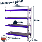 Regał magzynowy Hayrax Flexo 300x180x60cm, 450kg nośności, 4 półki moduł dostawny