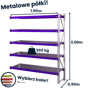 Regał magzynowy Hayrax Flexo 300x150x50cm, 550kg nośności, 5 półek moduł dostawny