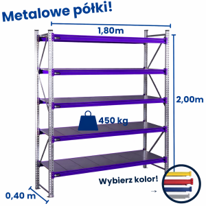 Regał magzynowy Hayrax FleXo 200x180x40cm,450kg nośności, 5 półek, moduł bazowy