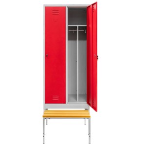 Safety Locker J-80 with Base and Pull-Out Bench, 2-Door with Compartments, Gray Body / Red Front, W-80 cm D-80 cm H-223 cm, Knock-Down Assembly, N