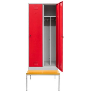 Safety Locker J-80 with Base and Bench, 2-Door with Compartments, Gray Body / Red Front, W-80 cm D-80 cm H-223 cm, Knock-Down Assembly, N
