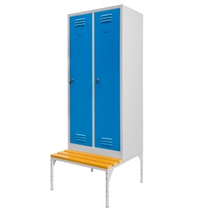 Szafka ubraniowa BHP J-60 na podstawie z ławeczką 2 drzwiowa szara/ niebieski front  S-60 cm G-80 cm H-223 cm skręcana N