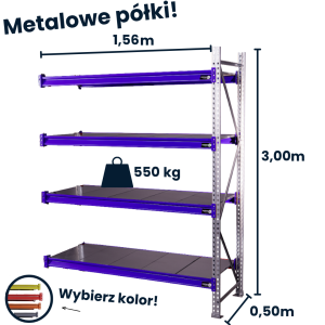 Regał magzynowy Hayrax Flexo 300x156x50cm, 550kg nośności, 4 półki moduł dostawny