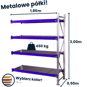 Regał magzynowy Hayrax Flexo 300x186x50cm, 450kg nośności, 4 półki moduł dostawny