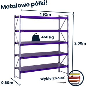 Regał magzynowy Hayrax FleXo 200x192x60cm,450kg nośności, 5 półek, moduł bazowy
