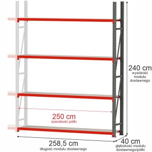 Regał magazynowy 4-półkowy FORTIS 240 cm(h) x 258,5 cm x 40 cm moduł dostawny