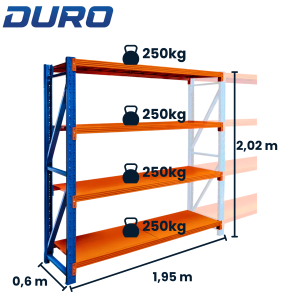 Regał magazynowy 4-półkowy DURO H-202 cm L-195 cm G-60 cm moduł dostawny