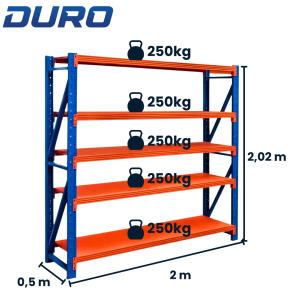 Regał magazynowy 5-półkowy DURO H-202 cm L-200 cm G-50 cm moduł bazowy
