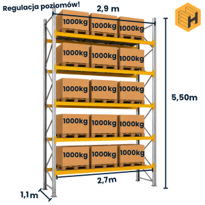 Regał paletowy Haxis 0+5 H-550cm, L-290cm, G-110cm,moduł bazowy, 3000kg nośności na parę belek