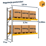 Regał paletowy Haxis 0+2 H-450cm, L-280cm, G-110cm,moduł dostawny, 3000kg nośności na parę belek