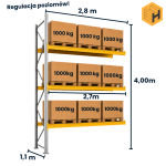 Regał paletowy Haxis 0+3 H-400cm, L-280cm, G-110cm,moduł dostawny, 3000kg nośności na parę belek 