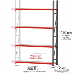 Regał magazynowy 4-półkowy FORTIS 240 cm(h) x 208,5 cm x 40 cm moduł dostawny