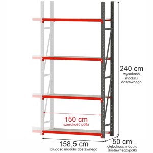 Regał magazynowy 4-półkowy FORTIS 240 cm(h) x 158,5 cm x 50 cm moduł dostawny