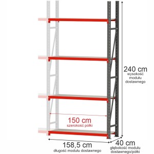 Regał magazynowy 4-półkowy FORTIS 240 cm(h) x 158,5 cm x 40 cm moduł dostawny