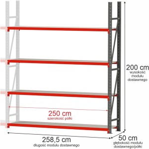Regał magazynowy 4-półkowy FORTIS 200 cm(h) x 258,5 cm x 50 cm moduł dostawny