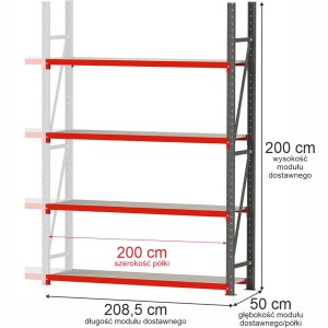 Regał magazynowy 4-półkowy FORTIS 200 cm(h) x 208,5 cm x 50 cm moduł dostawny
