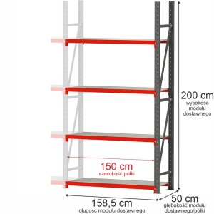 Regał magazynowy 4-półkowy FORTIS 200 cm(h) x 158,5 cm x 50 cm moduł dostawny