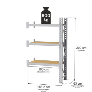 Regał magazynowy 3-półkowy MAGO HX H-200 cm G-63 cm L-188.2 cm moduł dostawny 900 kg