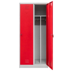 Szafka ubraniowa BHP J-80 2 drzwiowa z przegrodami szara/ czerwony front S-80 cm G-50 cm H-180 cm skręcana N