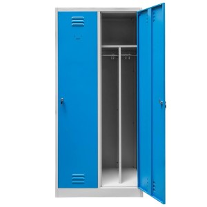 Szafka ubraniowa BHP J-80 2 drzwiowa z przegrodami szara/ niebieski front S-80 cm G-50 cm H-180 cm skręcana N