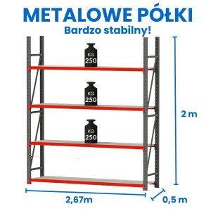 Regał magazynowy 4-półkowy FORTIS 200 cm(h) x 267 cm x 50 cm moduł bazowy