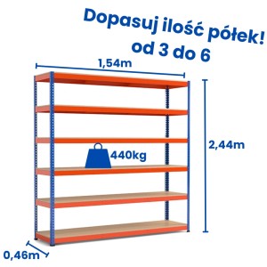 Regał magazynowy Riveto 2,44 (h) x 1,54 x 0,47m, 440kg nośności półki, płyta wiórowa