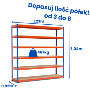 Regał magazynowy Riveto 3,00 (h) x 1,23 x 0,93m, 467kg nośności półki, płyta wiórowa