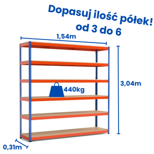 Regał magazynowy Riveto 3,00 (h) x 1,54 x 0,32m, 440kg nośności półki, płyta wiórowa