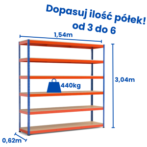 Regał magazynowy Riveto 3,00 (h) x 1,54 x 0,62m, 440kg nośności półki, płyta wiórowa