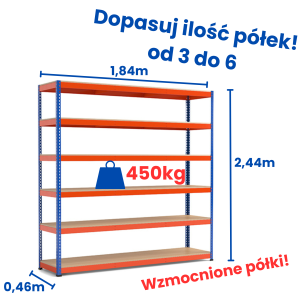 Regał magazynowy Riveto 2,44 (h) x 1,84 x 0,47m, 450kg nośności półki, płyta wiórowa